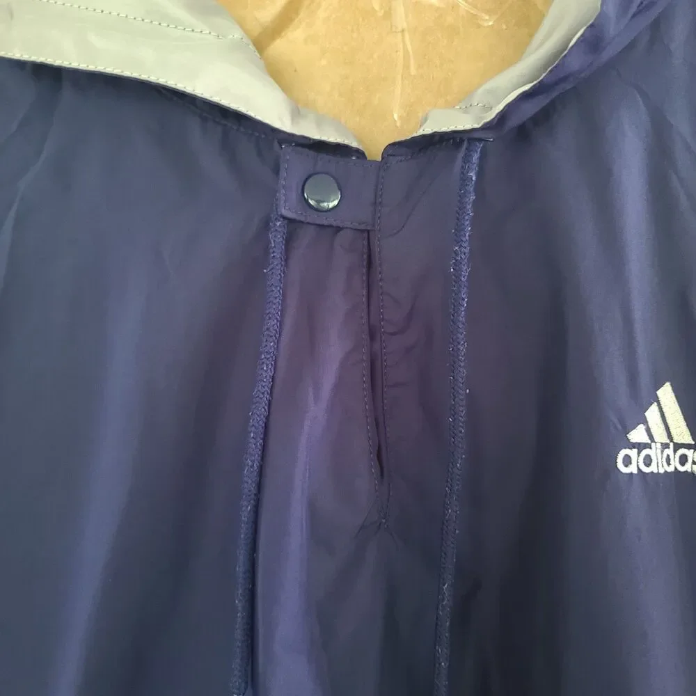 VTG 90s Adidas XL Navy Hooded Windbreaker Jacket 3 Stripe Embroidered Unisex EUC